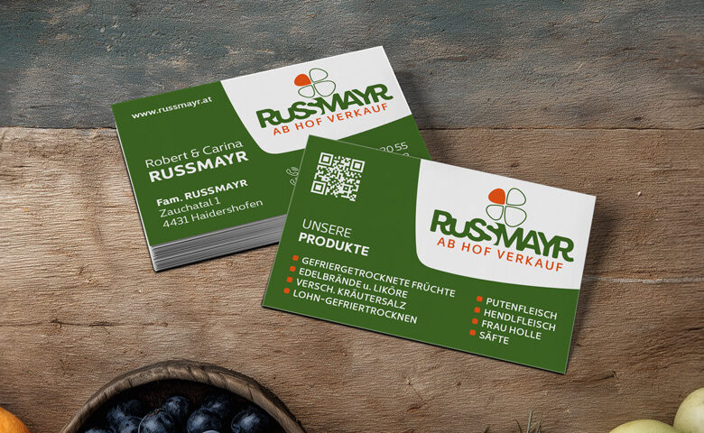 Visitenkarte der Firma Russmayr ab Hof Verkauf im Firmendesign