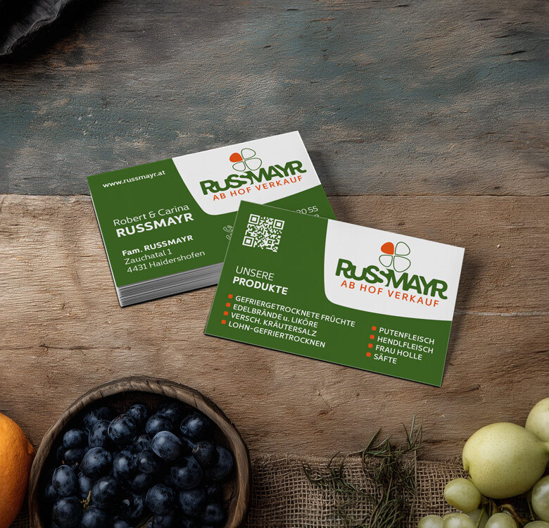 Visitenkarte der Firma Russmayr ab Hof Verkauf im Firmendesign